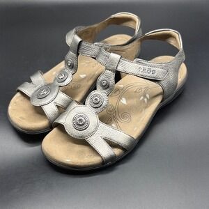 Taos Treasure 2 Pewter Metallic Leather T-Strap Sandals Medallion TR2-13494 US 8